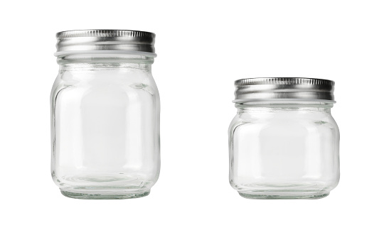 Empty two mason jars with silver cap isolated on white background