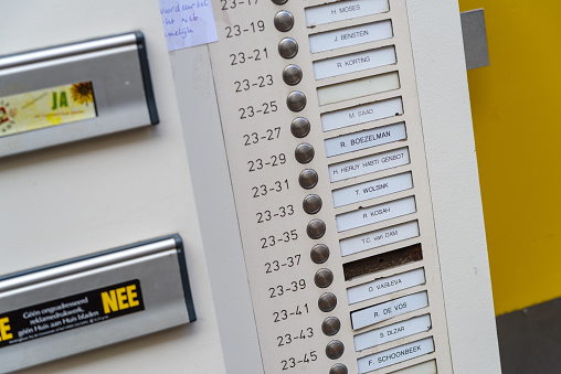 ZWOLLE, NETHERLANDS - MARCH 14, 2021: Lots of doorbells and name plates on an apartment building