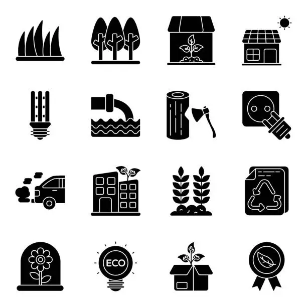 Vector illustration of Pack of Ecology and Planting glyph Icons