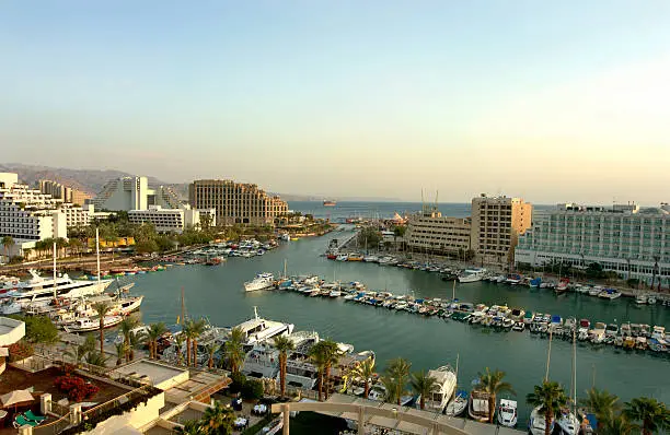 The marina in Eilat Israel. Eilat is Israel's southernmost city, a busy port and popular resort located at the northern tip of the Red Sea, on the Gulf of Aqaba