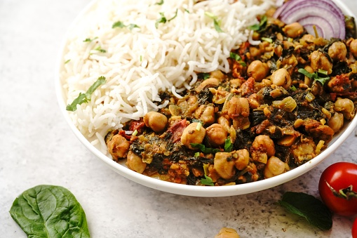 Homemade channa Saag | Curried chickpeas with spinach served with basmati rice