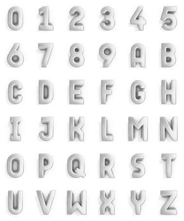 isolated silver 3d alphabet and numbers.