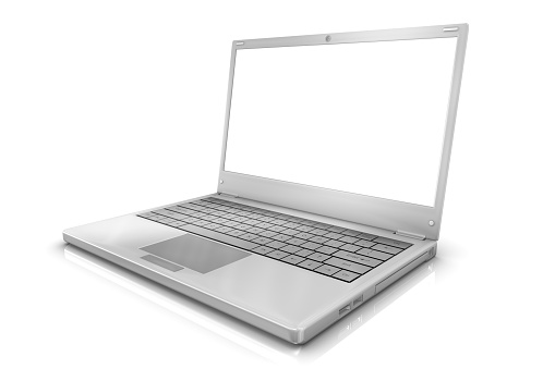 A white laptop facing to the left with a blank screen.  Clipping path included for the laptop as well as the screen.