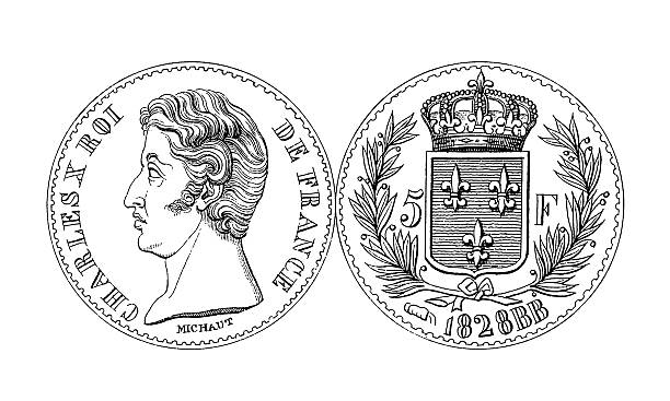 dem 19. jahrhundert charles x 5-franc thaler münz-/historische illustrationen - french coin stock-grafiken, -clipart, -cartoons und -symbole