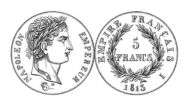 19-го века napoleon i пять франков/старинная монета иллюстрации - french currency illustrations stock illustrations