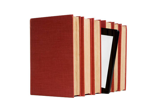 istock Digital tablet tilting out from row of red hardcover books 175596245