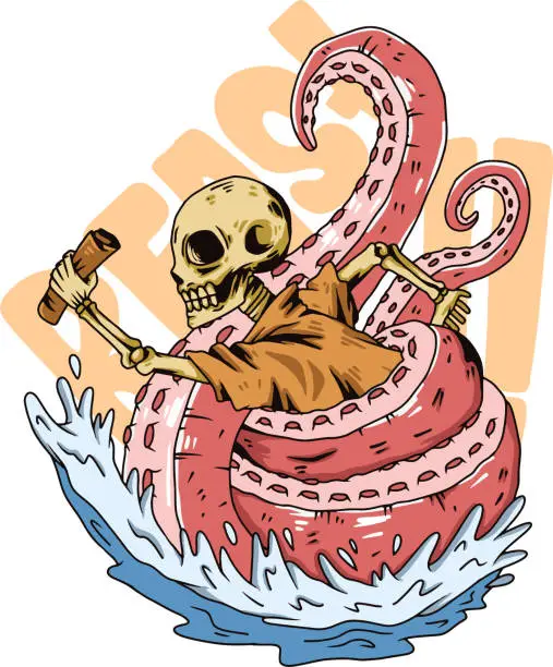 Vector illustration of illustration of a skeleton entangled by a giant octopus monster while holding a treasure map