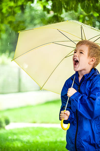 istock Little boy with umbrella on rainy day 175596504