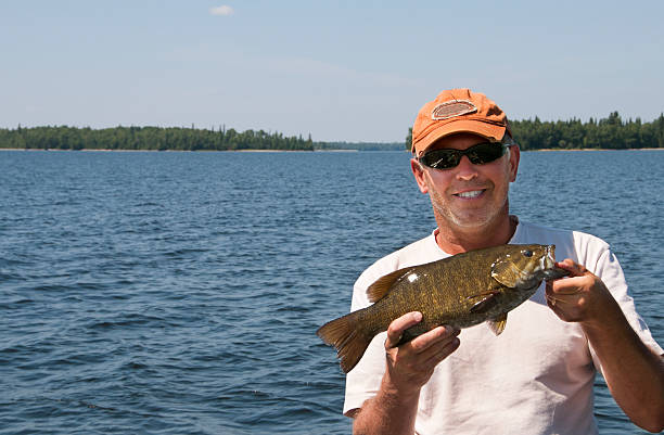 hombre que agarra smallmouth bass - smallmouth bass fotos fotografías e imágenes de stock