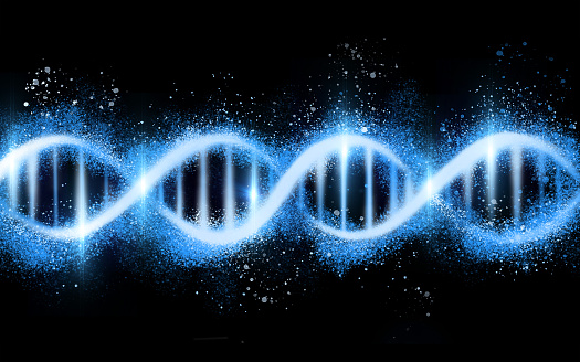 DNA structure, genetic code isolated on black background, science with neon blue and glowing light. Evolution, helix and molecular genome cell, RNA with gene and link with scientific and abstract