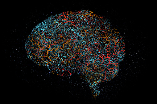 Brain graphic, neon neuro pattern and digital illustration with science hologram and mind connections. Black background and neuroscience pathway of intelligence, circuit system and cerebral lines