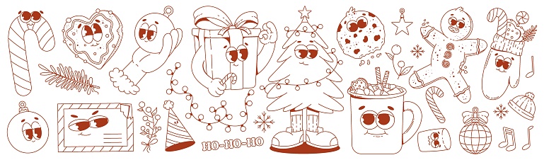 Funny retro cartoon characters on a christmas theme in trendy groovy style. Monochrome line art. 60 -70s vibes sticker set. Merry Christmas and Happy New Year. Vector Illustration