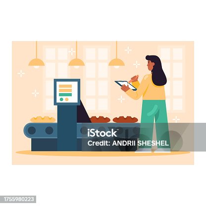 istock Yong lady in uniform holding clipboard and pencil, checking quality of bread in factory 1755980223