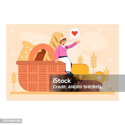 istock Happy professional woman in uniform sitting on basket with bread. Manufacture of baking bread 1755984058