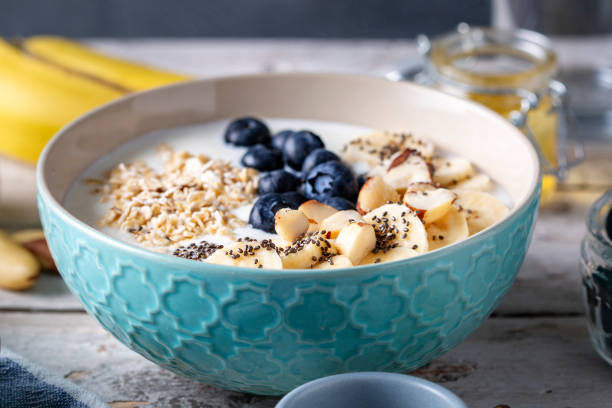 istock Blueberries, banana slices, oat flakes and yoghurt 1755985765