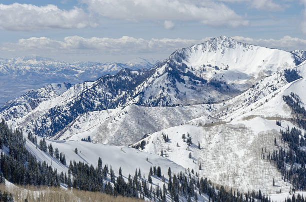 Wastach Mountain View "Wastach Mountain View.  Scenic alpine view of Wasatch Range in Utah, USA.  Winter landscape with copy space.  Captured as a 14-bit Raw file. Edited in 16-bit ProPhoto RGB color space." utah stock pictures, royalty-free photos & images