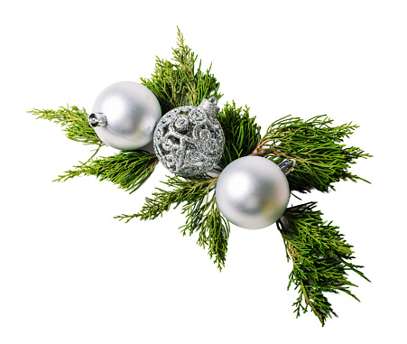 Christmas pine branches and ornaments balls, isolated on white or transparent background cutout.