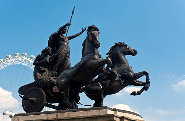 Boadicea statue The statue of Queen Boadicea and her daughters in a horse drawn chariot was sculpted by Lord Thomas Thorneycroft in 1902.  It sits on the Thames Embankment opposite the Palace of westminster boadicea statue stock pictures, royalty-free photos & images