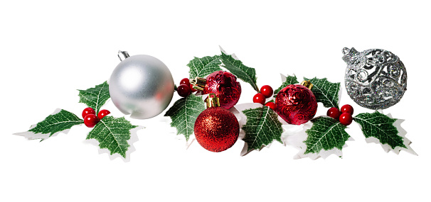 Christmas Holly Leaves and balls ornament, isolated on white or transparent background cutout.