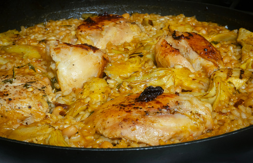 Chicken and artichoke paella