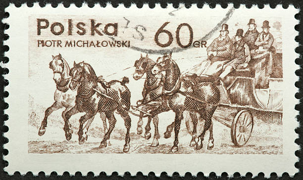 istock four horse coach, vintage Polish stamp 175600343
