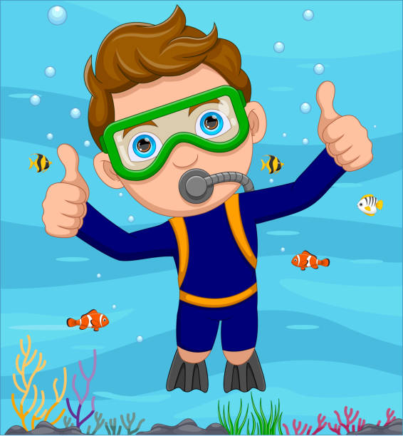 ilustrações de stock, clip art, desenhos animados e ícones de scuba diver boy swimming cartoon - 4603