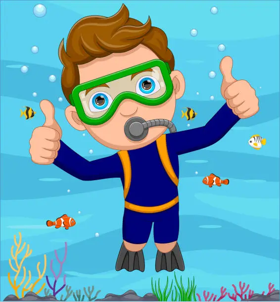 Vector illustration of Scuba Diver boy Swimming Cartoon