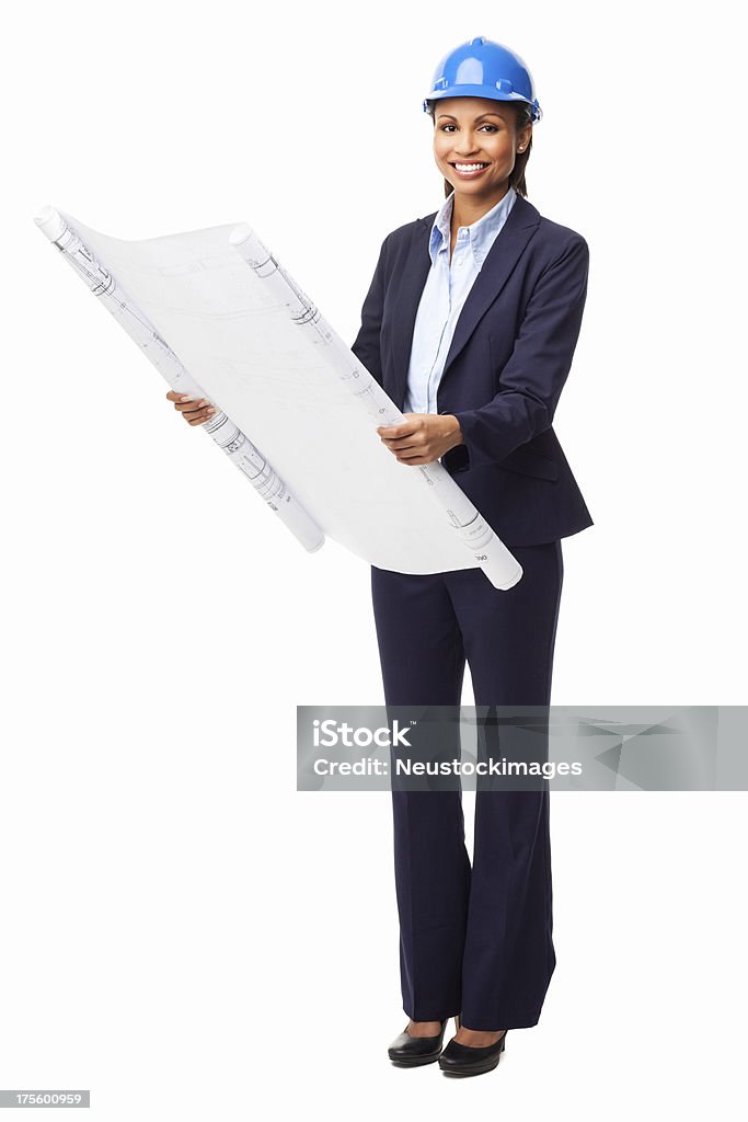 Female Architect Holding Unrolled Blueprint - Isolated Full length portrait of happy young African American female architect holding an unrolled blueprint. Vertical shot. Isolated on white. Architect Stock Photo