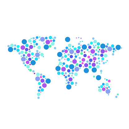 Colorful dotted world map background. Random sized circles colored in a different shades of color.