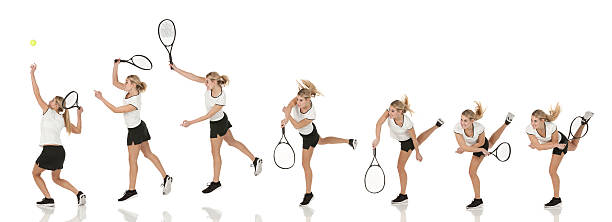 mehrere bilder eines tennis-spieler in aktion - tennis serving women playing stock-fotos und bilder