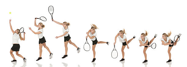 várias imagens de uma tenista em ação - tennis serving playing women imagens e fotografias de stock
