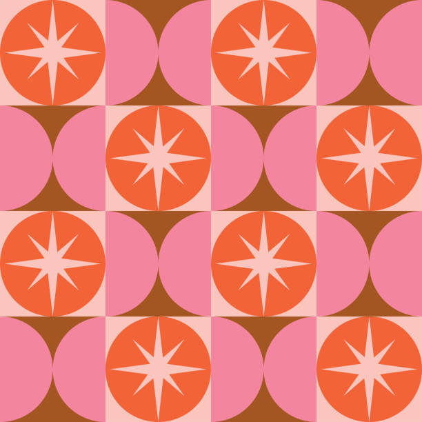 Mid century modern starbursts on orange circle with pink half circles seamless pattern. Mid century modern starbursts on orange circle with pink half circles seamless pattern. For home décor, posters and wallpaper illusion pattern circle image created 1960s stock illustrations
