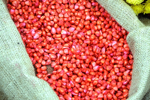 large red grains in a fabric bag