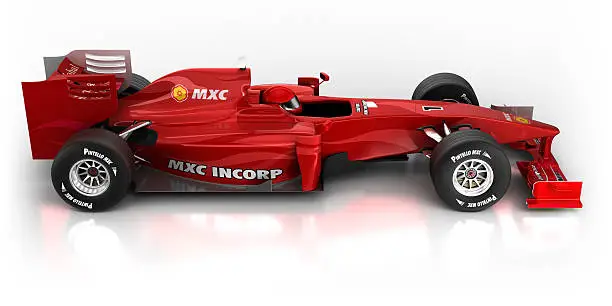 "This is a unique design 3d modelled brandless, generic open-wheel single-seater racing car car in a studio setting - isolated on white with clipping path. All branding is fictious and made up. This vehicle is not based on any existing model."