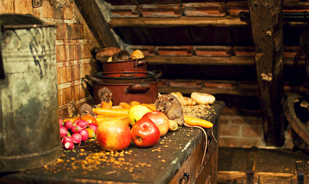 Rats eating delicious fruits Disgusting rats eating old fruits on a run down unhygienic kitchenette. interior of old house garret stock pictures, royalty-free photos & images