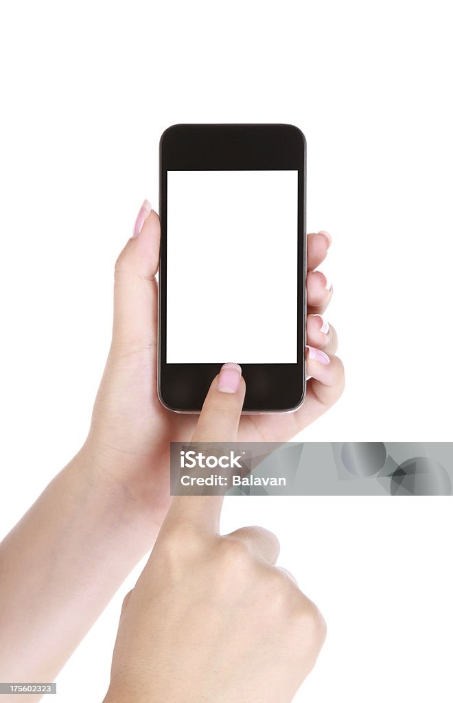 Mão detém o smartphone em fundo branco - Royalty-free Moldura - Composição Foto de stock