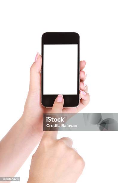 Mão Detém O Smartphone Em Fundo Branco - Fotografias de stock e mais imagens de Moldura - Composição - Moldura - Composição, A caminho, A usar um telefone