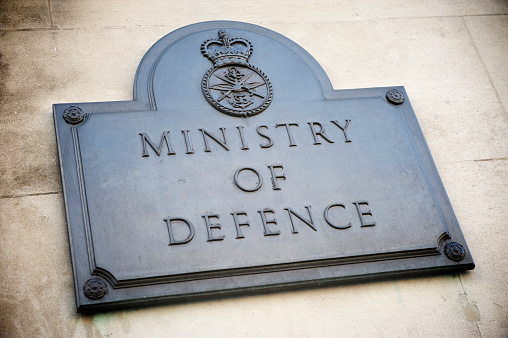 Plaque sign marks the entrance to the Ministry of Defence in London