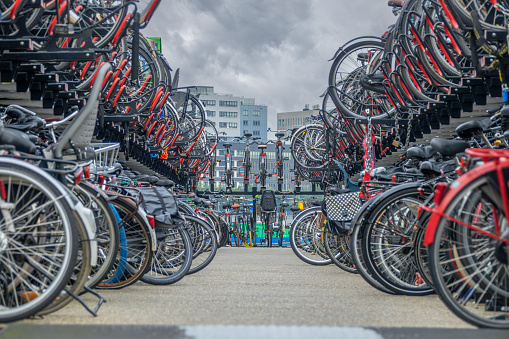 Netherlands. Lots of bicycles in a two-story bicycle parking area near Amsterdam Central Station
