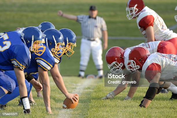 Football Game Line Of Scrimage Stock Photo - Download Image Now - American Football - Sport, Teenager, American Culture