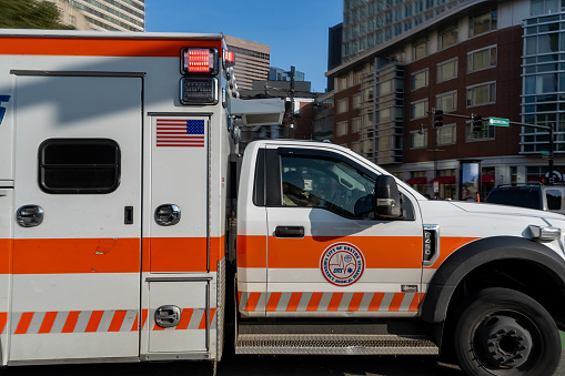 Ambulance in downtown Boston, Massachusetts, USA.