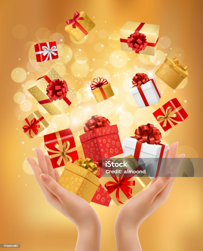 Fondo festiva con manos sosteniendo las cajas de regalo. - arte vectorial de Acontecimiento libre de derechos