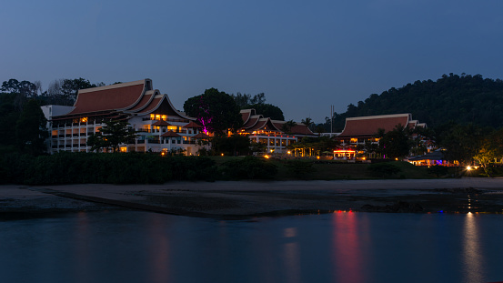 Langkawi, Malaysia - 16th July, 2015 : Panoramic night view of the lit-up property of The Westin Langkawi resort & spa from the Float.
