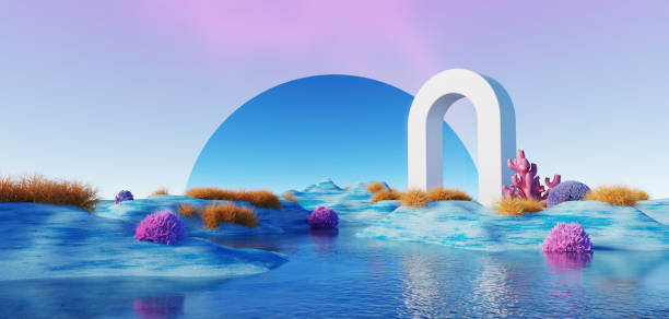 istock 3d Render, Abstract Surreal pastel landscape background with arches and podium for showing product, panoramic view, Colorful dune scene with copy space, blue sky and cloudy, Minimalist decor design 1756054437