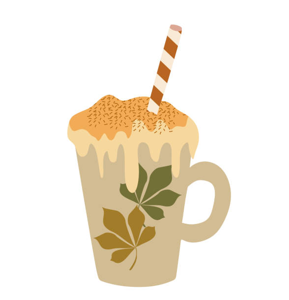 illustrazioni stock, clip art, cartoni animati e icone di tendenza di autumn pumpkin spice latte in tazza di porcellana con foglie di castagno. illustrazione vettoriale piatta caffè con panna montata e cannuccia. bevanda dolce calda di stagione autunnale isolata su sfondo bianco - drink falling concepts humor