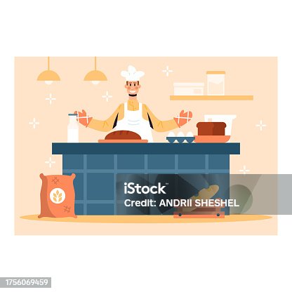 istock Professional male in uniform and protective hat finished cooking fresh bread 1756069459