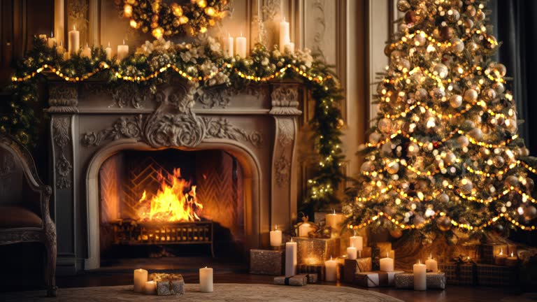 The Christmas video captures a festive scene with a beautifully decorated Christmas tree and a cozy fireplace