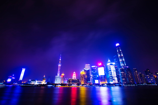 Shanghai, China - May 31, 2018: Night view of buildings around Huangpu River, Shanghai, China