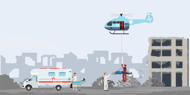 ilustrações de stock, clip art, desenhos animados e ícones de rescue helicopter and emergency rescue people from natural disaster. - travel healthcare and medicine emergency services urgency