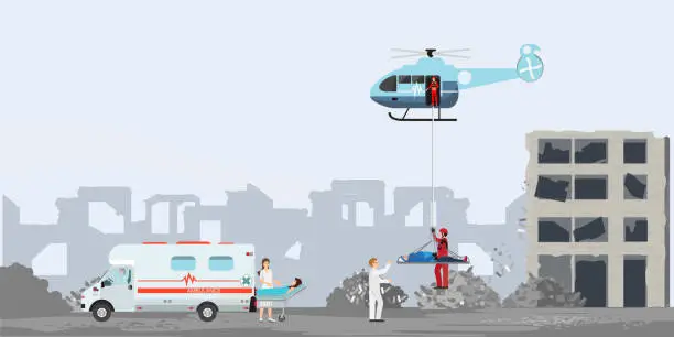 Vector illustration of Rescue helicopter and Emergency rescue people from natural disaster.